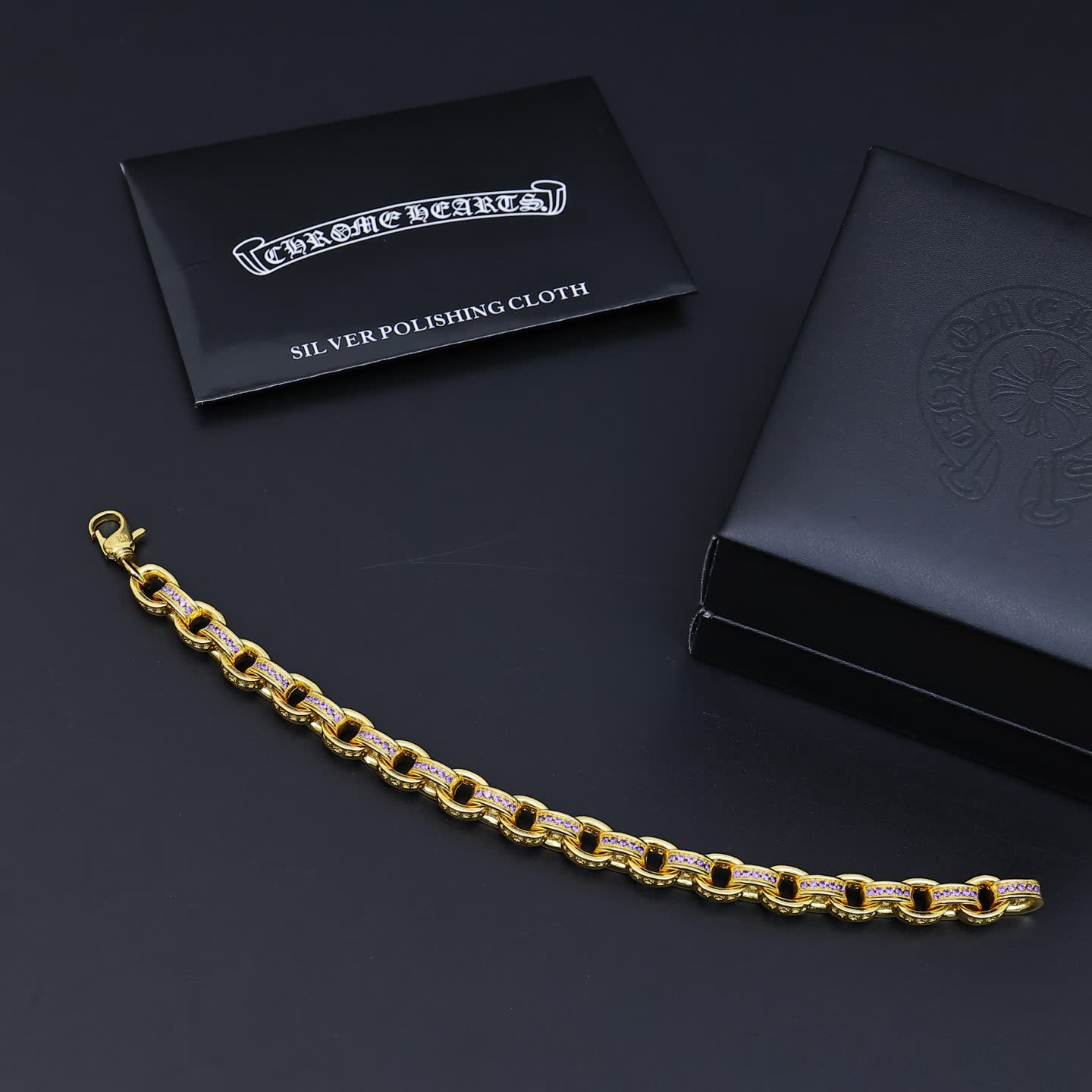 Chrome Hearts Gold Bracelet with Black and Purple Stones